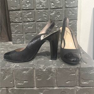 Ellen Tracy Black Slingback High Heels with Patent Cap Toe